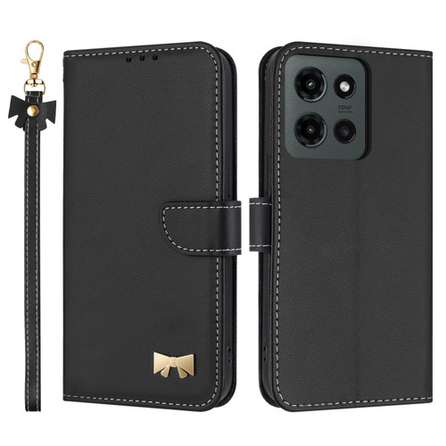 Moto G 2025 Metal Bow Leather Phone Case with Hand Strap - Black
